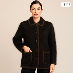 🖤 VTG Fuzzy Angora Mobwife Jacket Black w/ Brown Trim Statement Lady Monica Sz L